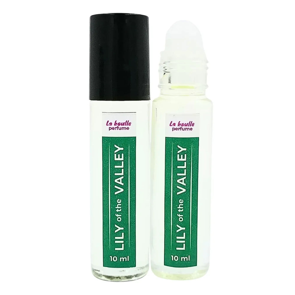 Lily of the valley roll-on perfume bottles La Boulle with black caps on a white background