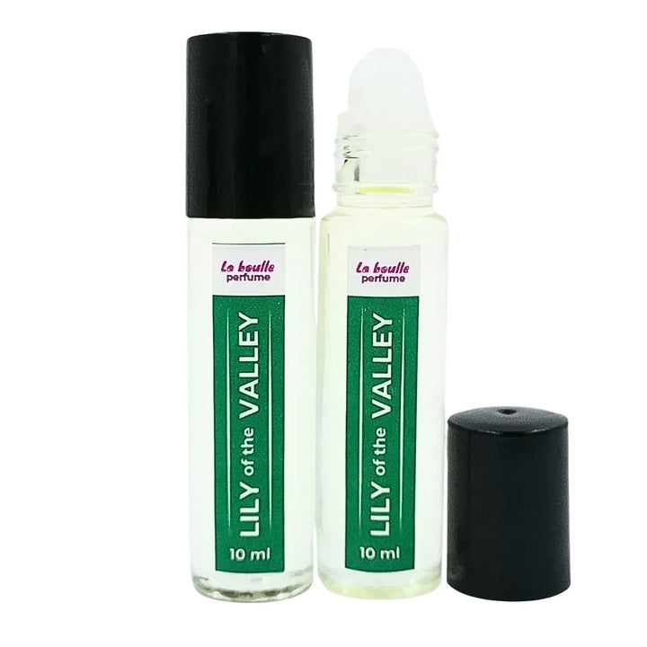 Lily of the valley roll-on perfume bottles La Boulle with black caps on a white background
