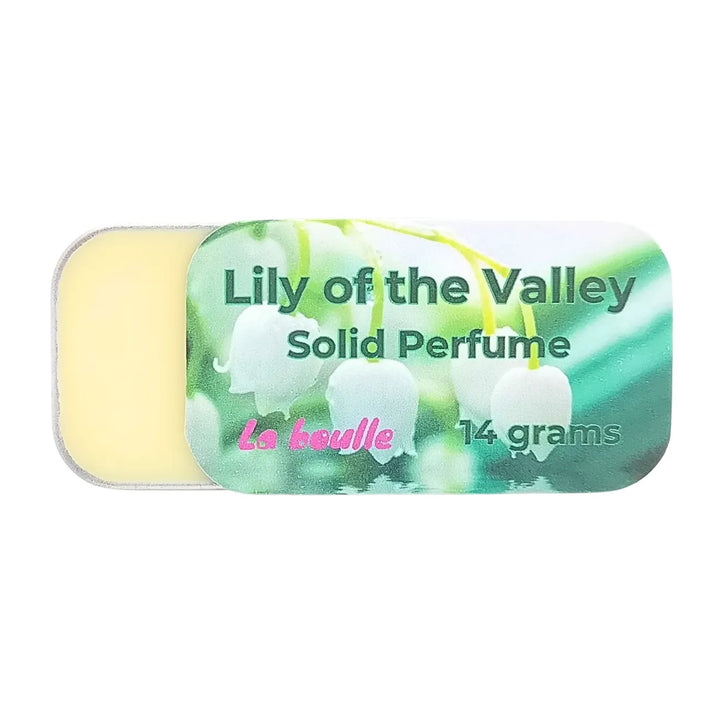Lily of the Valley solid natural perfume balm, La Boulle, on a white background