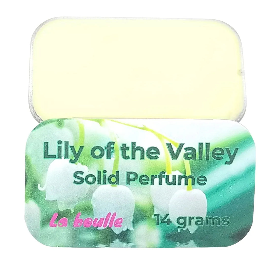 Lily of the Valley solid natural perfume balm, La Boulle, on a white background