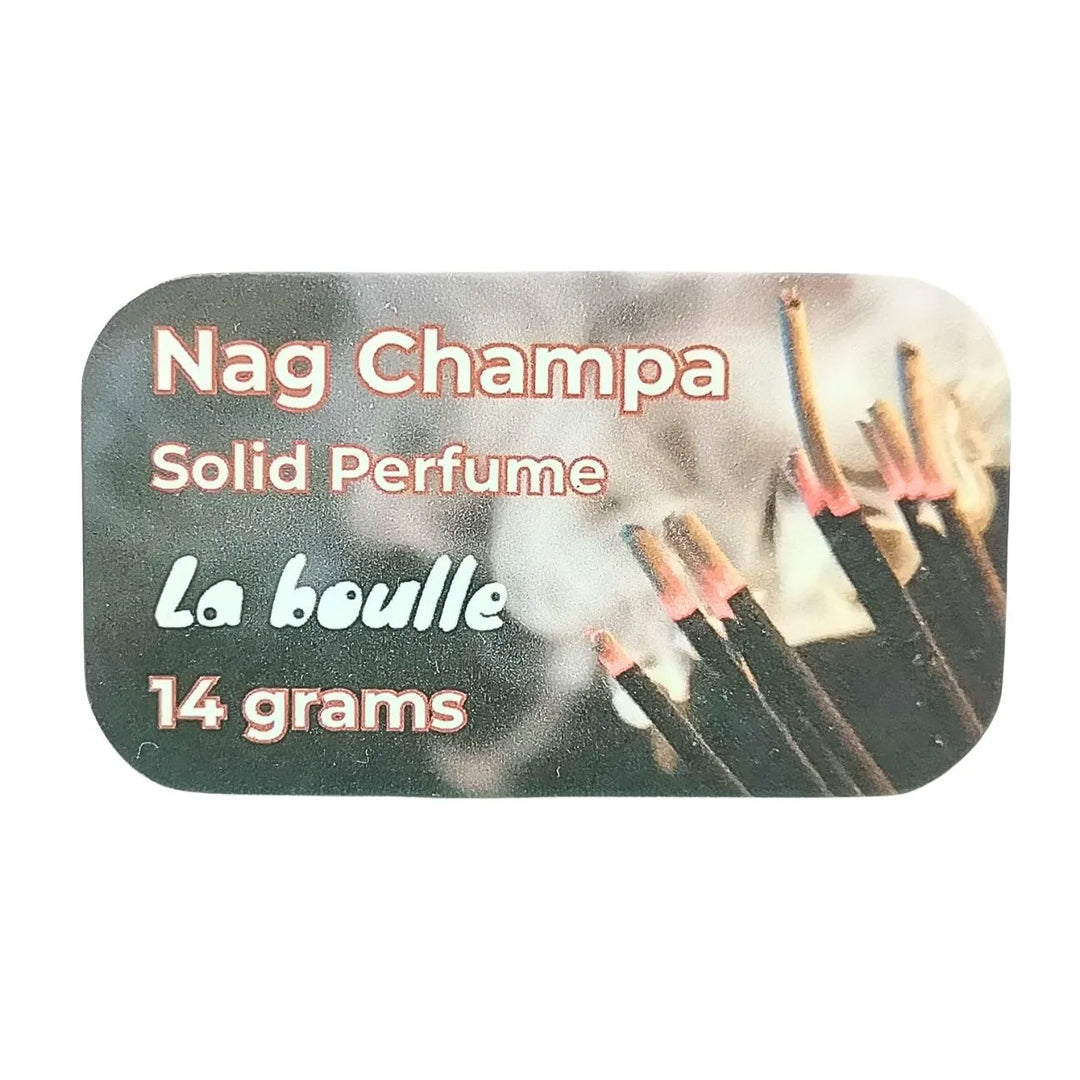 Nag Champa solid natural perfume balm, La Boulle, on a white background