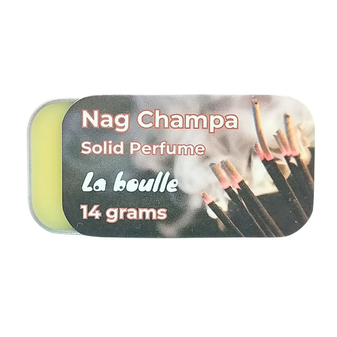 Nag Champa solid natural perfume balm, La Boulle, on a white background