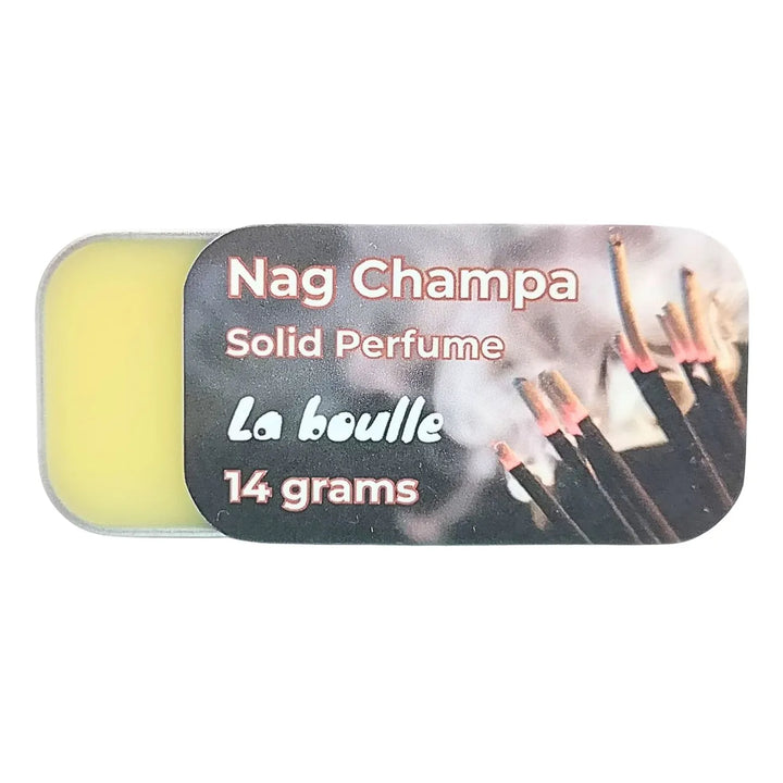 Nag Champa solid natural perfume balm, La Boulle, on a white background