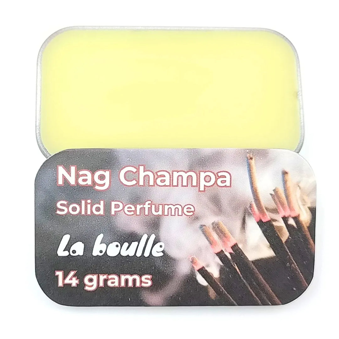 Nag Champa solid natural perfume balm, La Boulle, on a white background