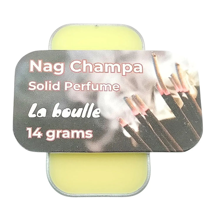 Nag Champa solid natural perfume balm, La Boulle, on a white background