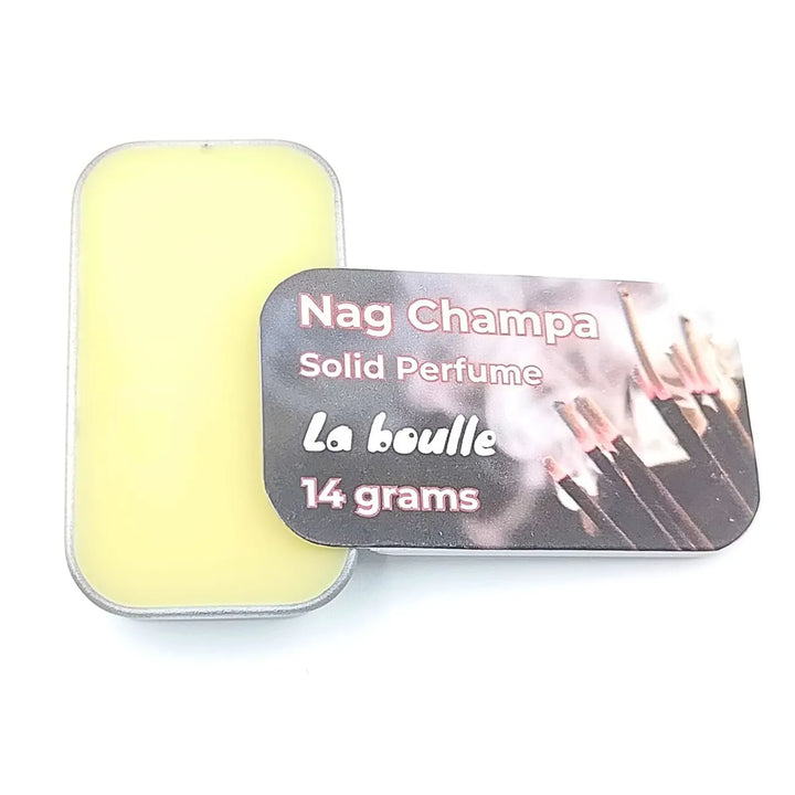 Nag Champa solid natural perfume balm, La Boulle, on a white background