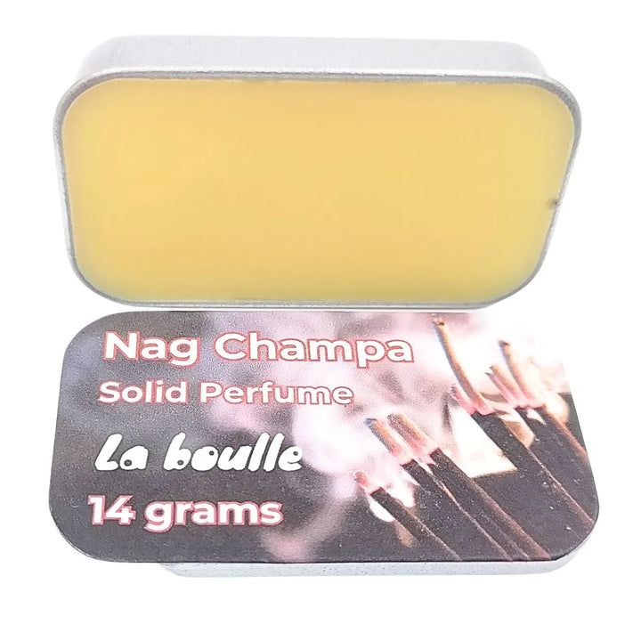 Nag Champa solid natural perfume balm, La Boulle, on a white background