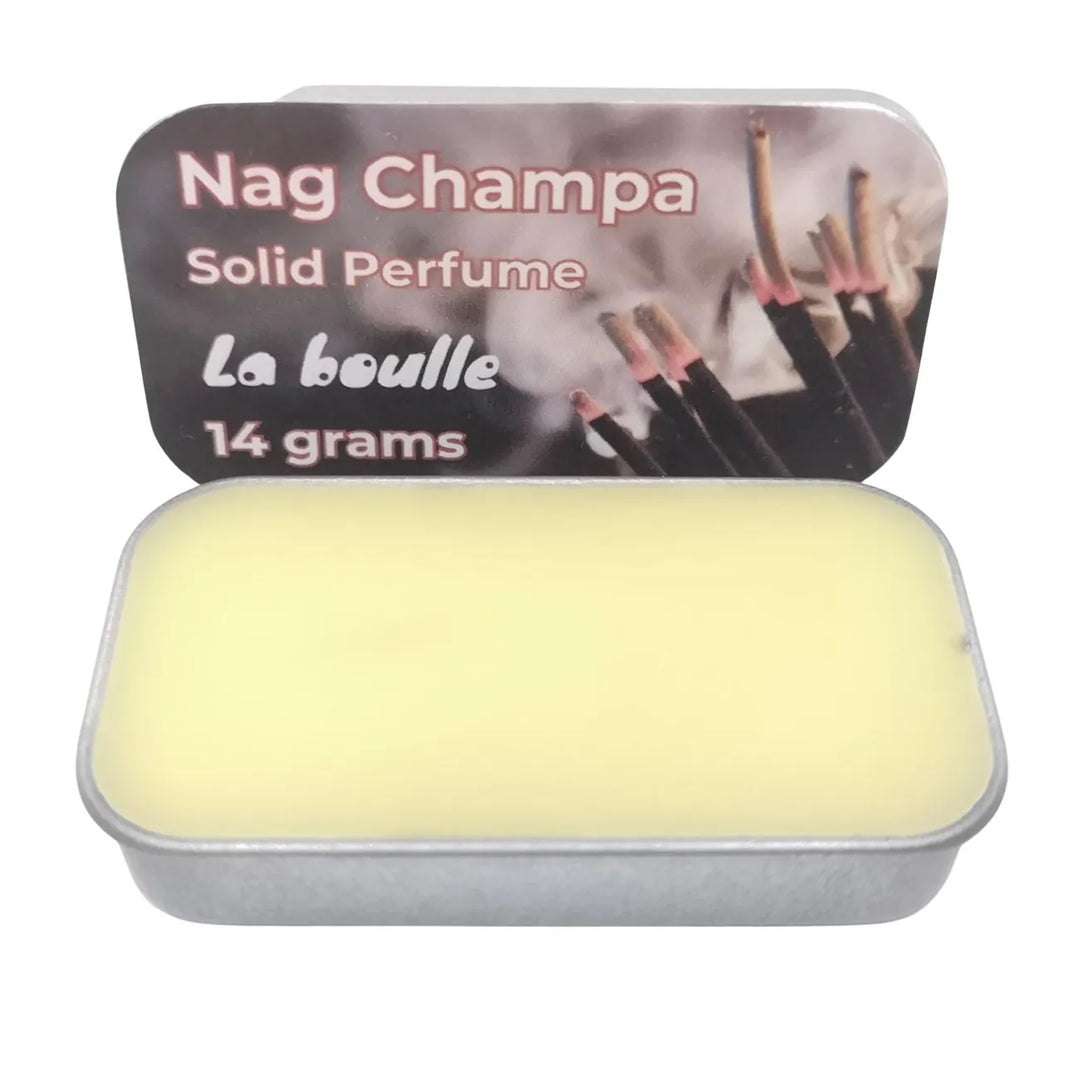 Nag Champa solid natural perfume balm, La Boulle, on a white background