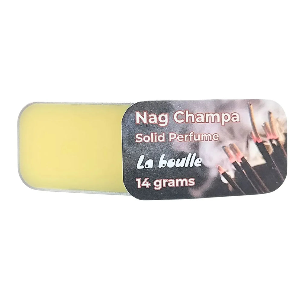 Nag Champa solid natural perfume balm, La Boulle, on a white background