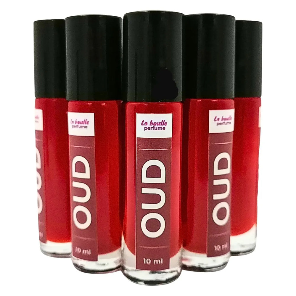 Oud roll-on perfume bottles La Boulle with black caps on a white background