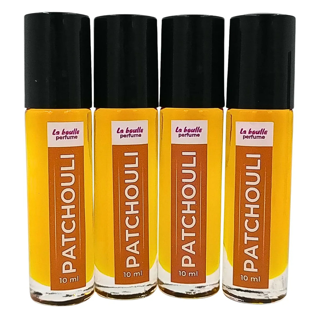 Patchouli roll-on perfume bottles La Boulle with black caps on a white background