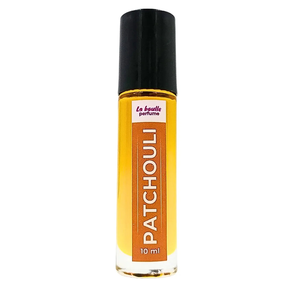 Patchouli roll-on perfume bottles La Boulle with black caps on a white background
