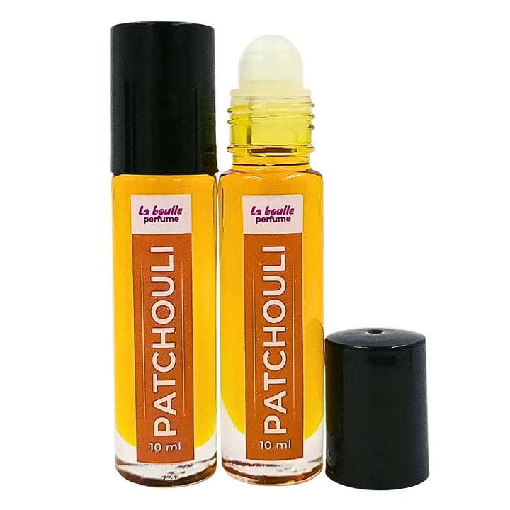 Patchouli roll-on perfume bottles La Boulle with black caps on a white background