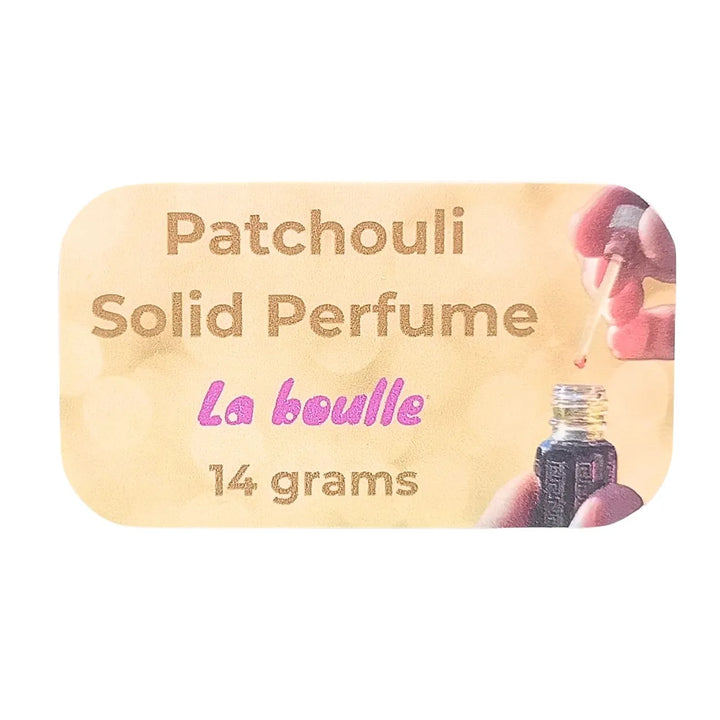 Patchouli solid natural perfume balm, La Boulle, on a white background