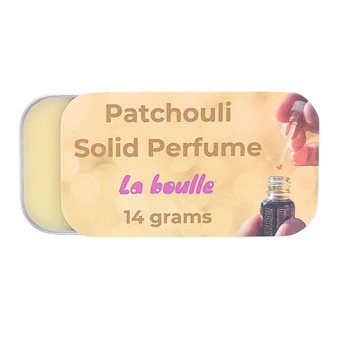 Patchouli solid natural perfume balm, La Boulle, on a white background