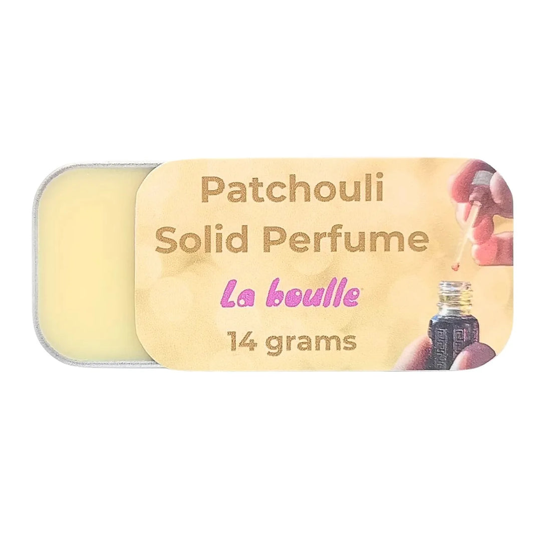 Patchouli solid natural perfume balm, La Boulle, on a white background