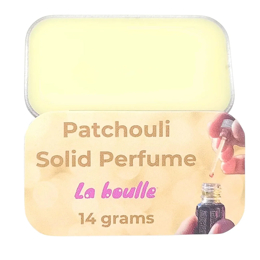 Patchouli solid natural perfume balm, La Boulle, on a white background