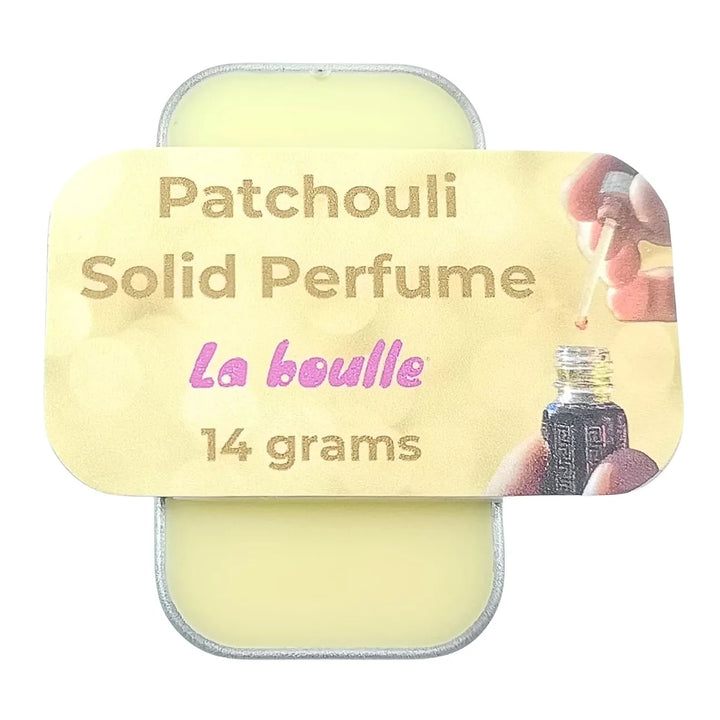 Patchouli solid natural perfume balm, La Boulle, on a white background