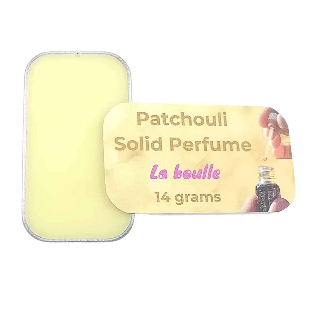 Patchouli solid natural perfume balm, La Boulle, on a white background