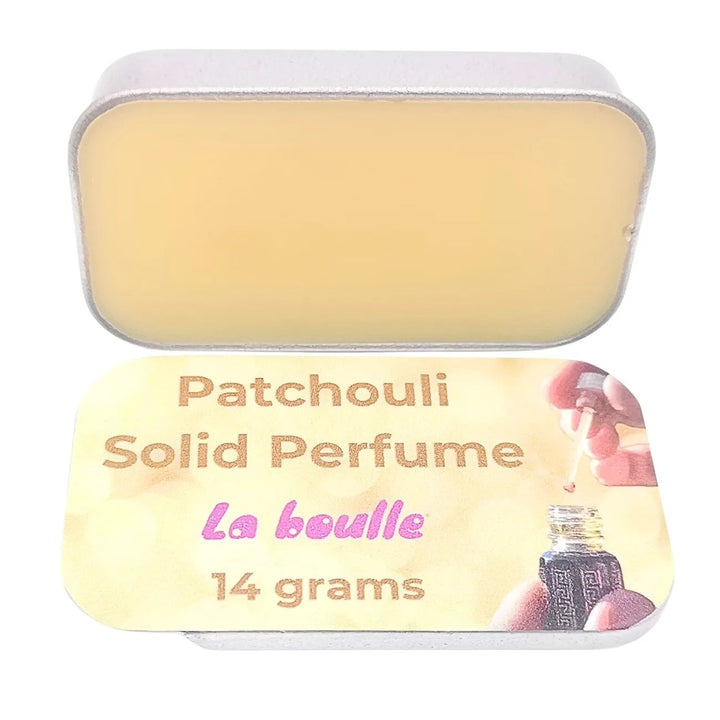 Patchouli solid natural perfume balm, La Boulle, on a white background