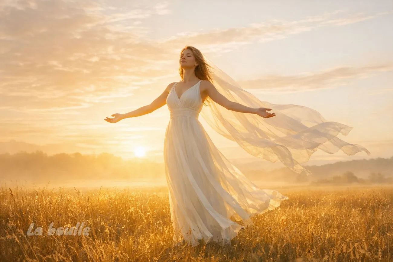 Woman open to sunlight symbolizing new beginnings and transformation through perfume - La Boulle