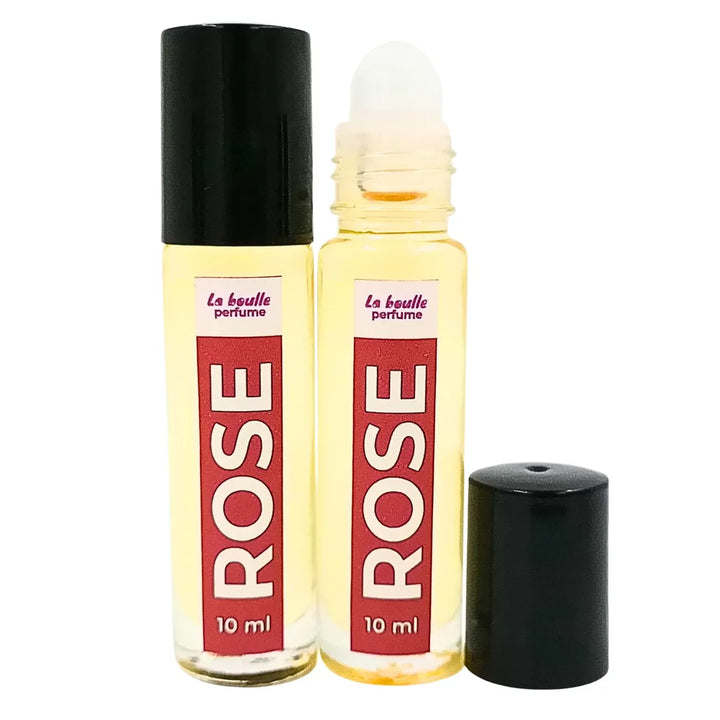 Rose roll-on perfume bottles La Boulle with black caps on a white background