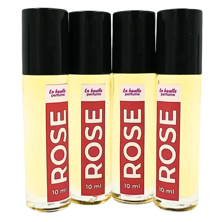 Rose roll-on perfume bottles La Boulle with black caps on a white background