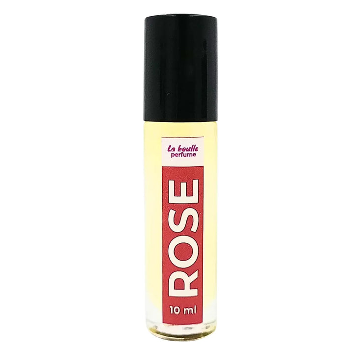 Rose roll-on perfume bottles La Boulle with black caps on a white background