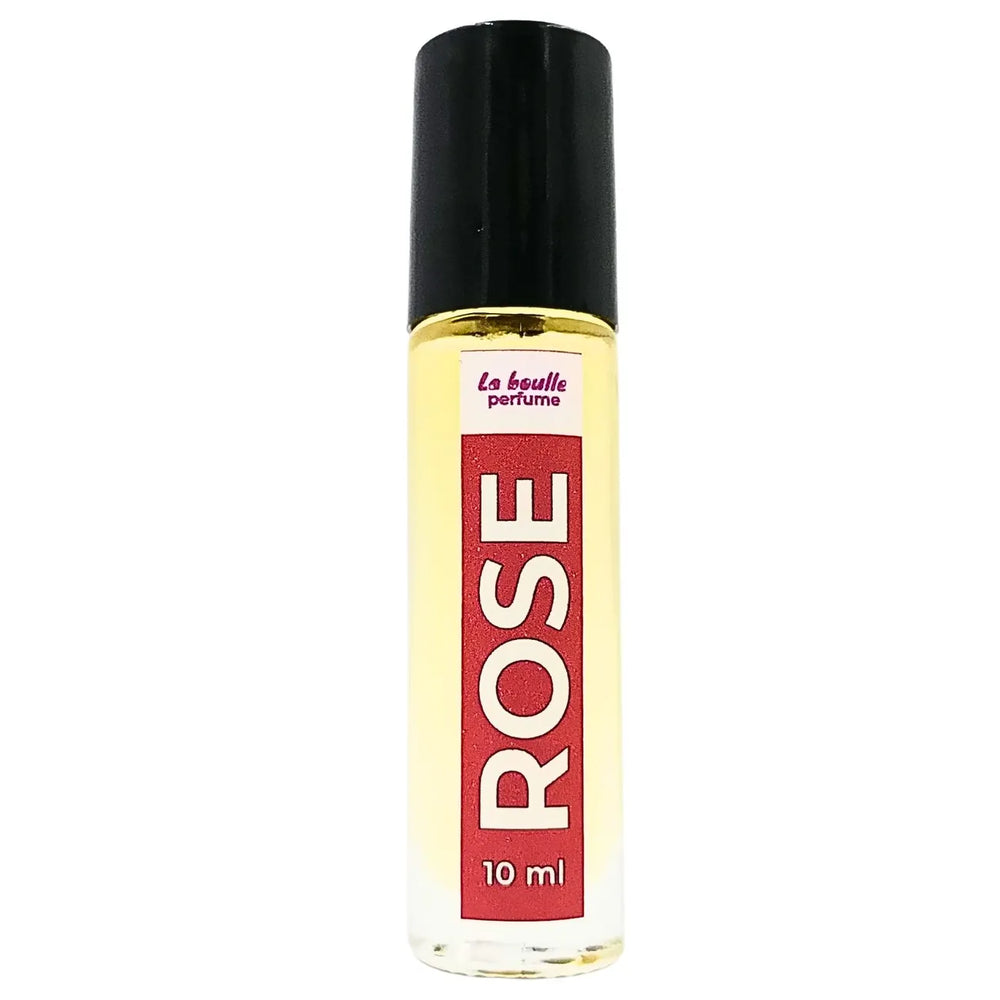 Rose roll-on perfume bottles La Boulle with black caps on a white background