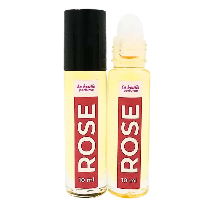 Rose roll-on perfume bottles La Boulle with black caps on a white background