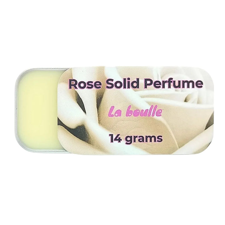 Rose solid natural perfume balm, La Boulle, on a white background