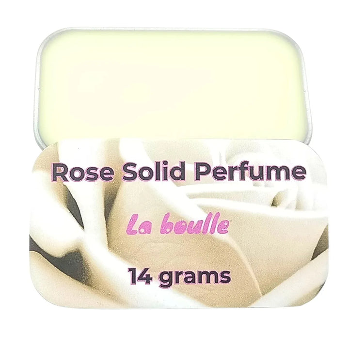 Rose solid natural perfume balm, La Boulle, on a white background