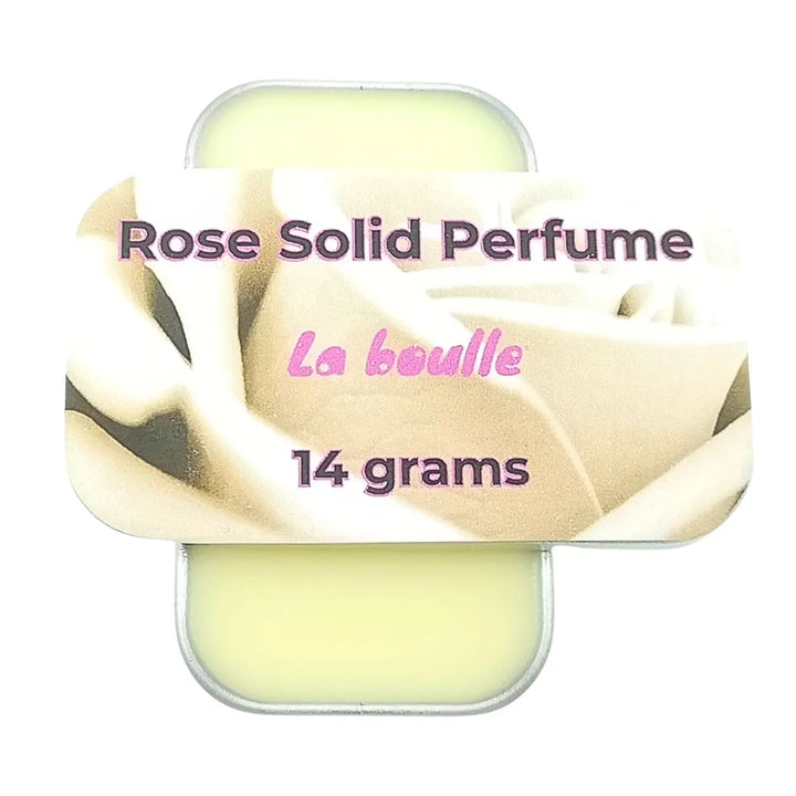 Rose solid natural perfume balm, La Boulle, on a white background