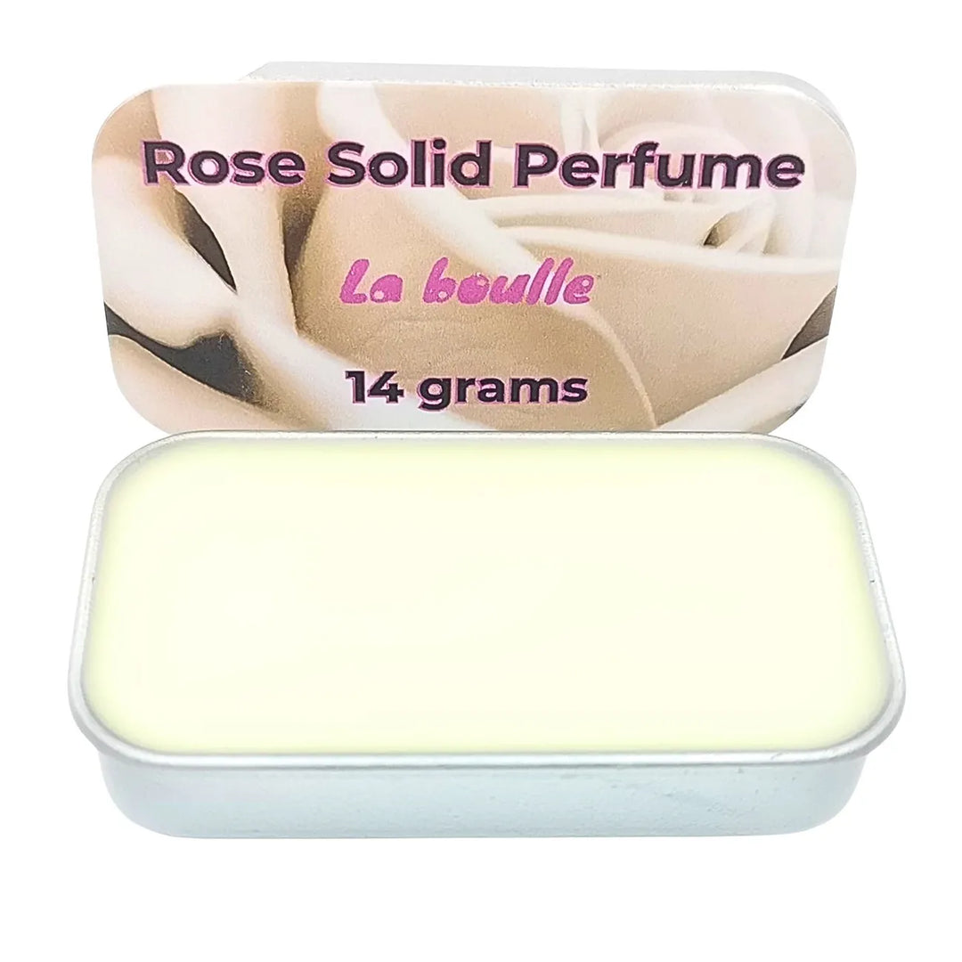 Rose solid natural perfume balm, La Boulle, on a white background