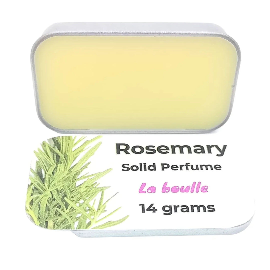 Rosemary solid natural perfume balm, La Boulle, on a white background