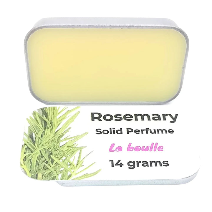 Rosemary solid natural perfume balm, La Boulle, on a white background