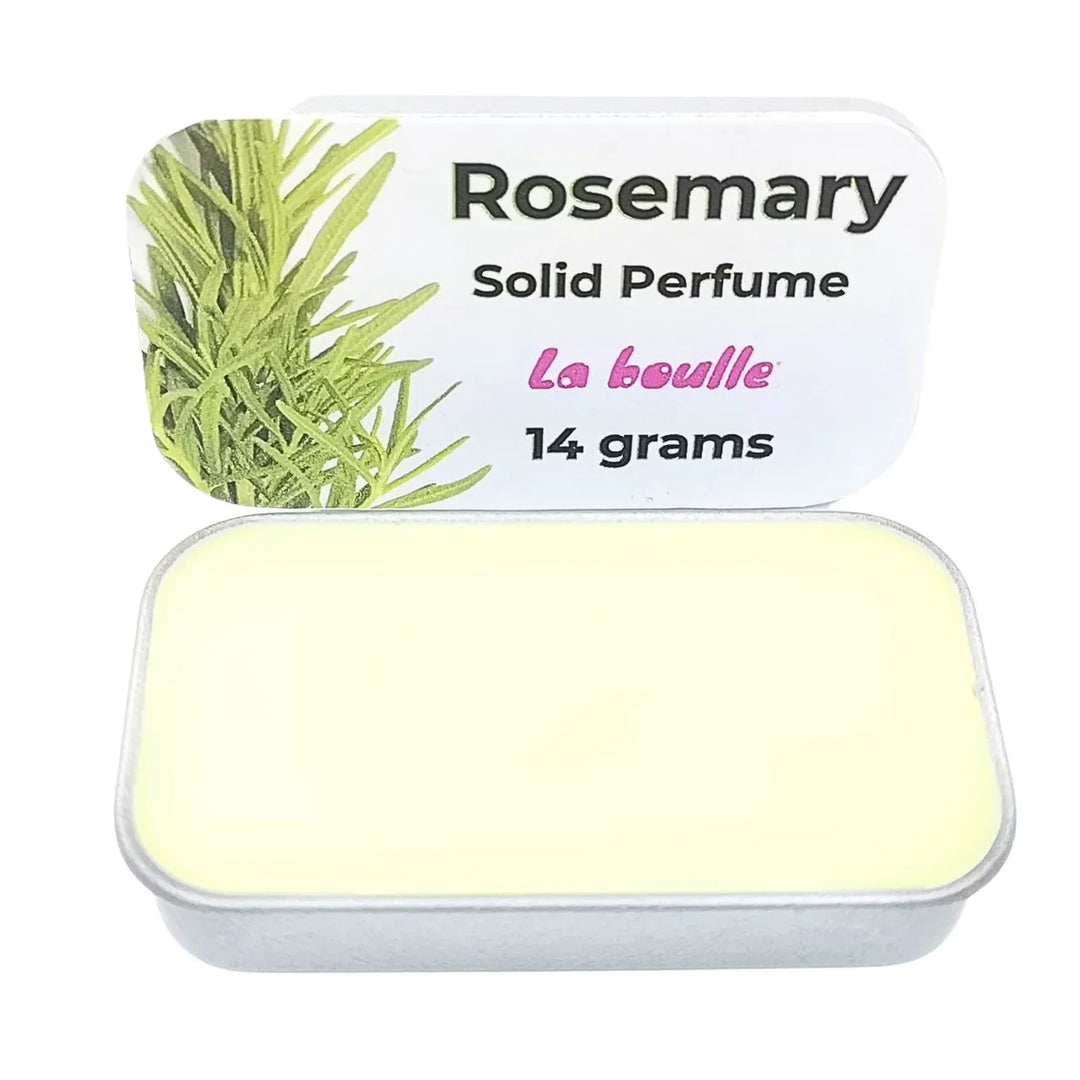 Rosemary solid natural perfume balm, La Boulle, on a white background