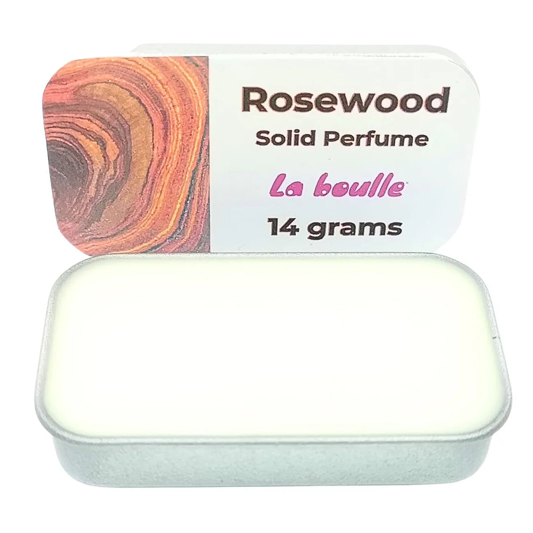 Rosewood solid natural perfume balm, La Boulle, on a white background