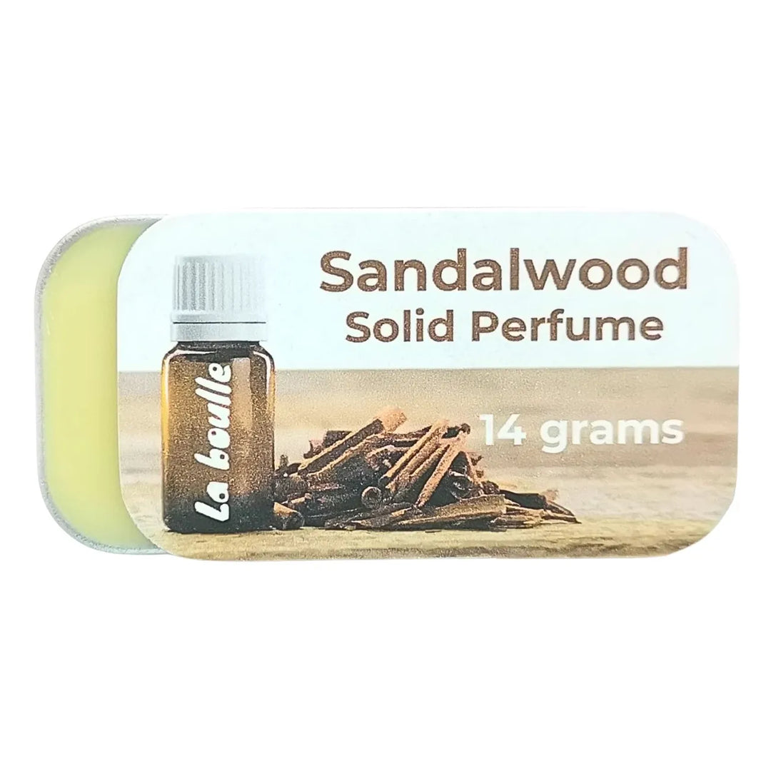Sandalwood solid natural perfume balm, La Boulle, on a white background