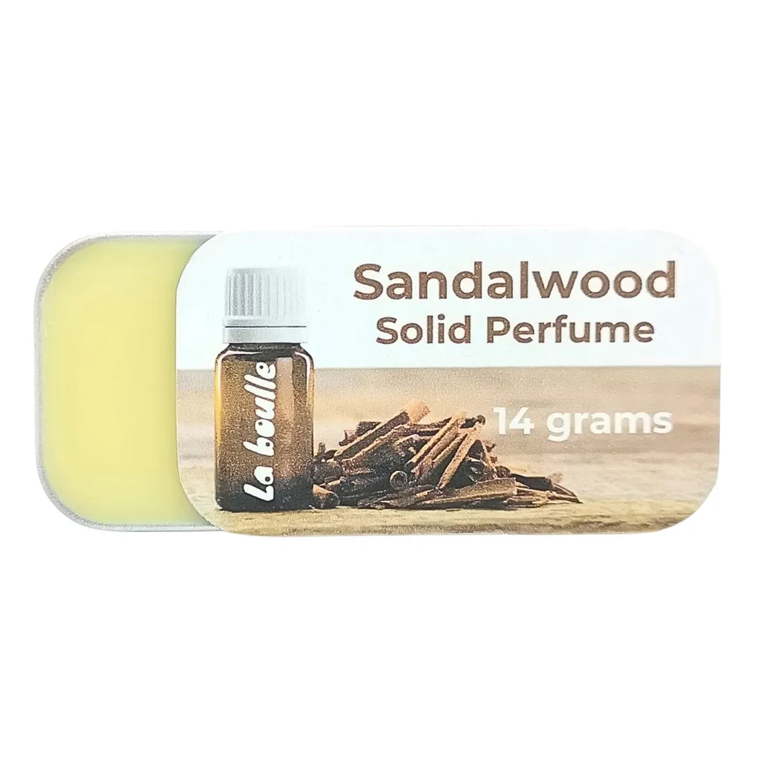 Sandalwood solid natural perfume balm, La Boulle, on a white background