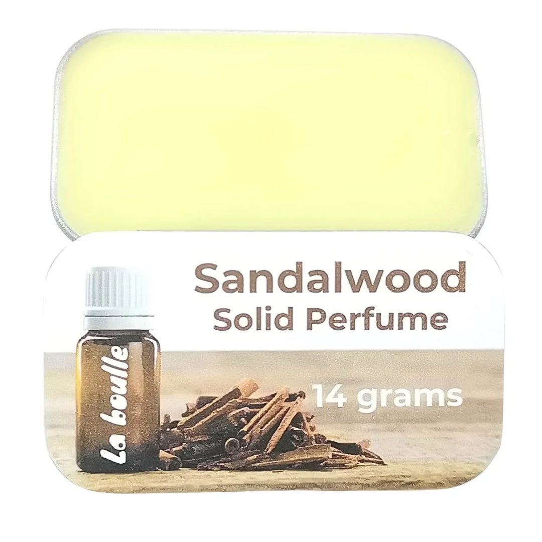 Sandalwood solid natural perfume balm, La Boulle, on a white background