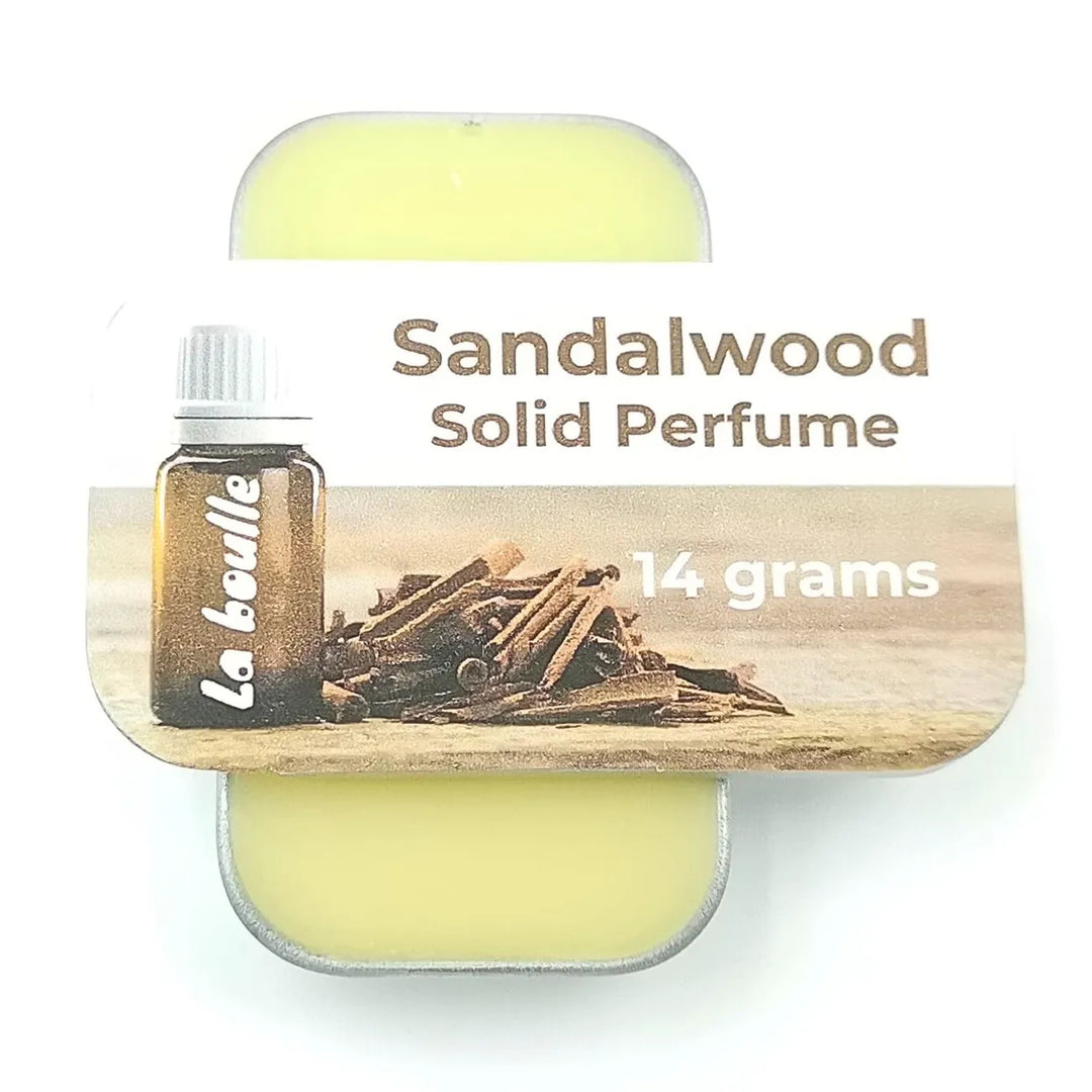 Sandalwood solid natural perfume balm, La Boulle, on a white background