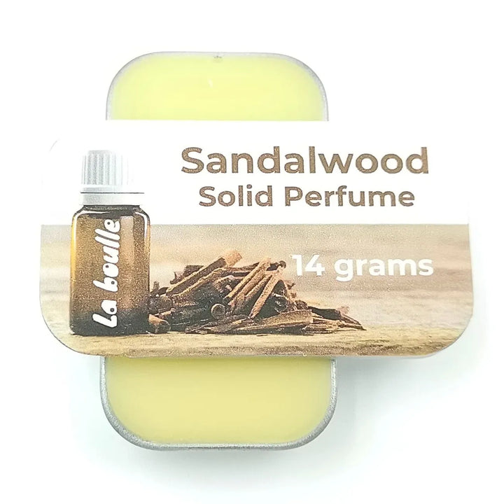 Sandalwood solid natural perfume balm, La Boulle, on a white background