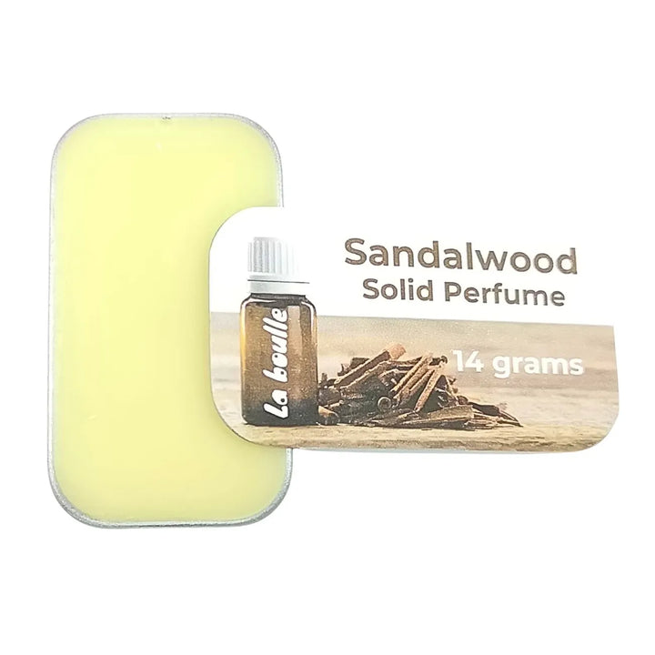 Sandalwood solid natural perfume balm, La Boulle, on a white background