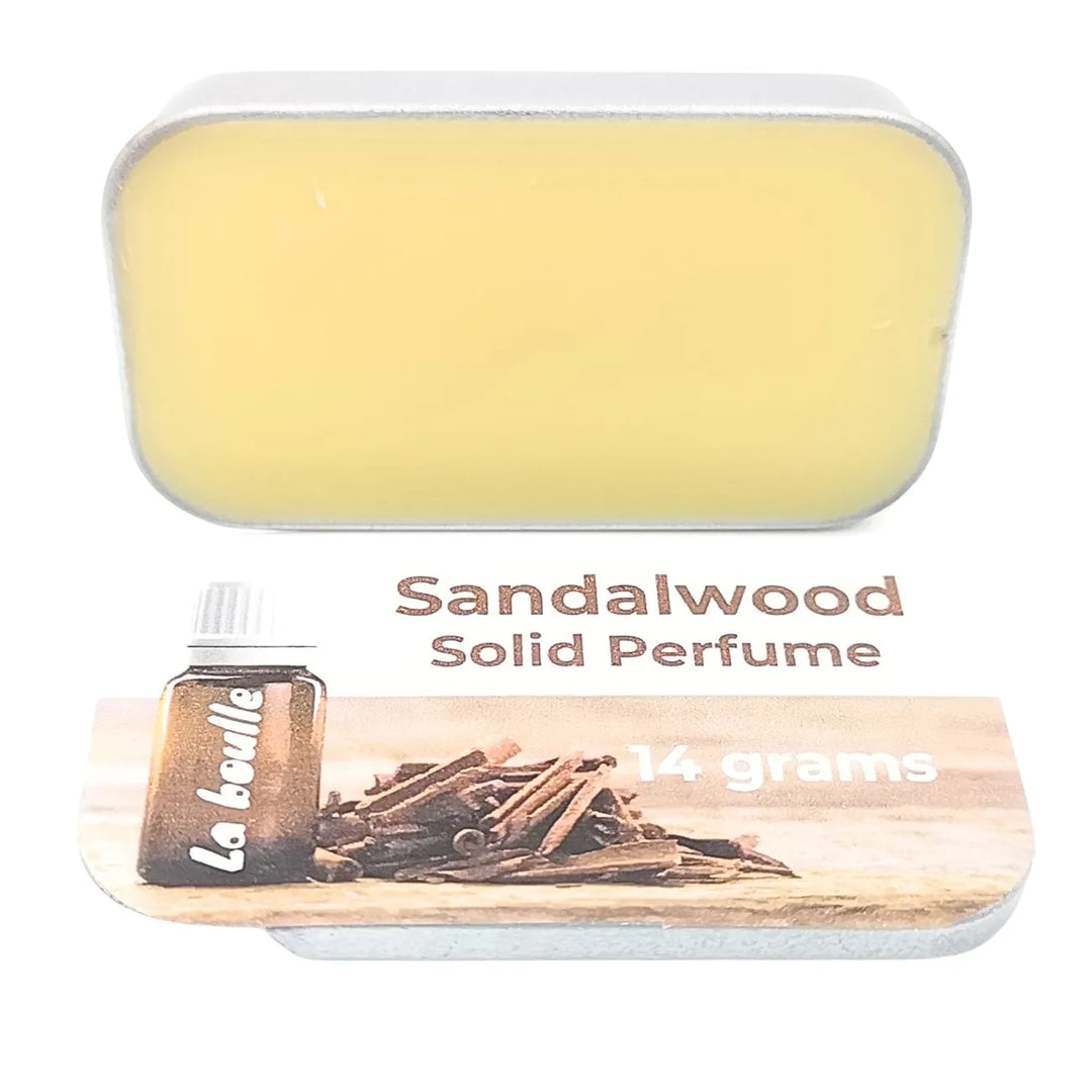 Sandalwood solid natural perfume balm, La Boulle, on a white background