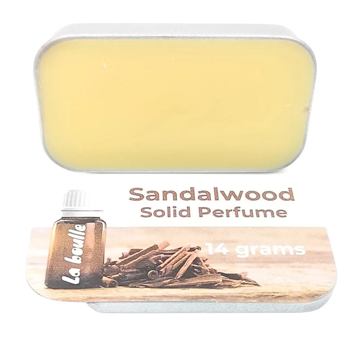 Sandalwood solid natural perfume balm, La Boulle, on a white background