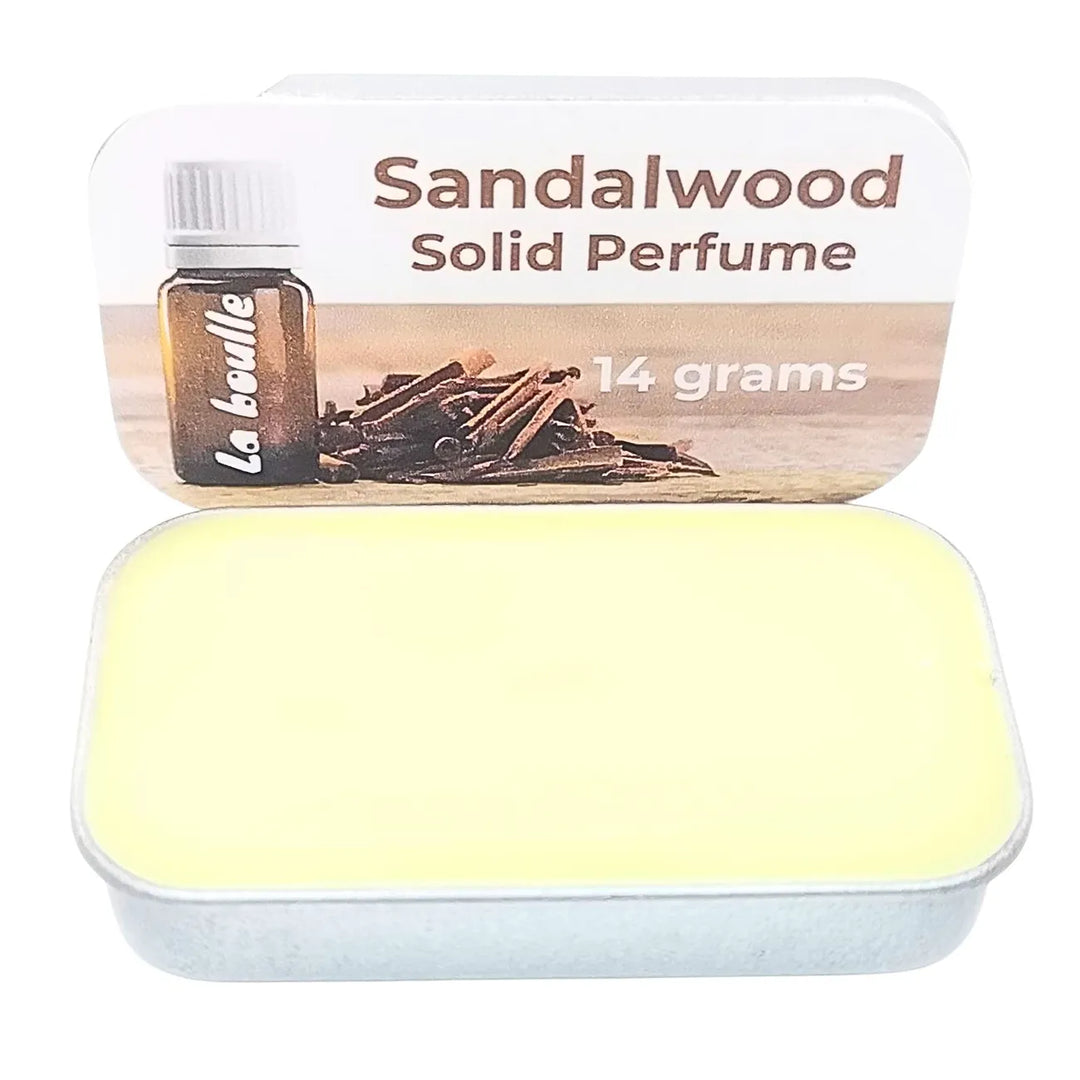 Sandalwood solid natural perfume balm, La Boulle, on a white background