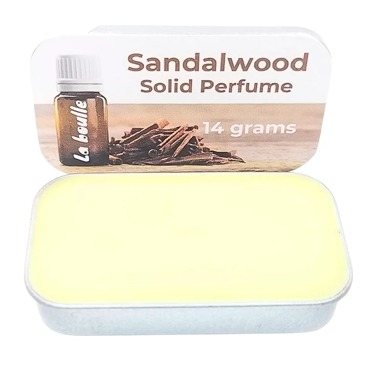 Sandalwood solid natural perfume balm, La Boulle, on a white background