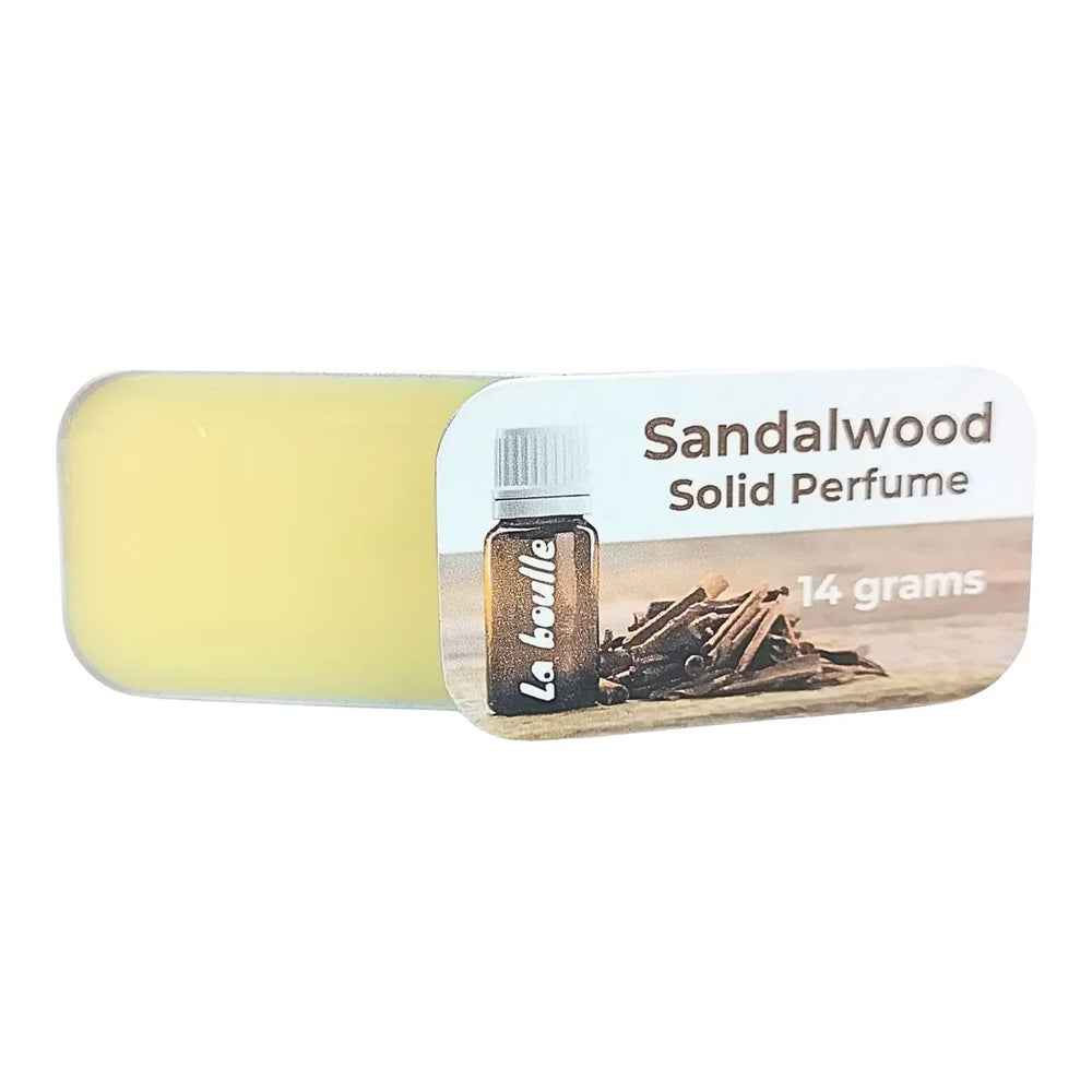 Sandalwood solid natural perfume balm, La Boulle, on a white background