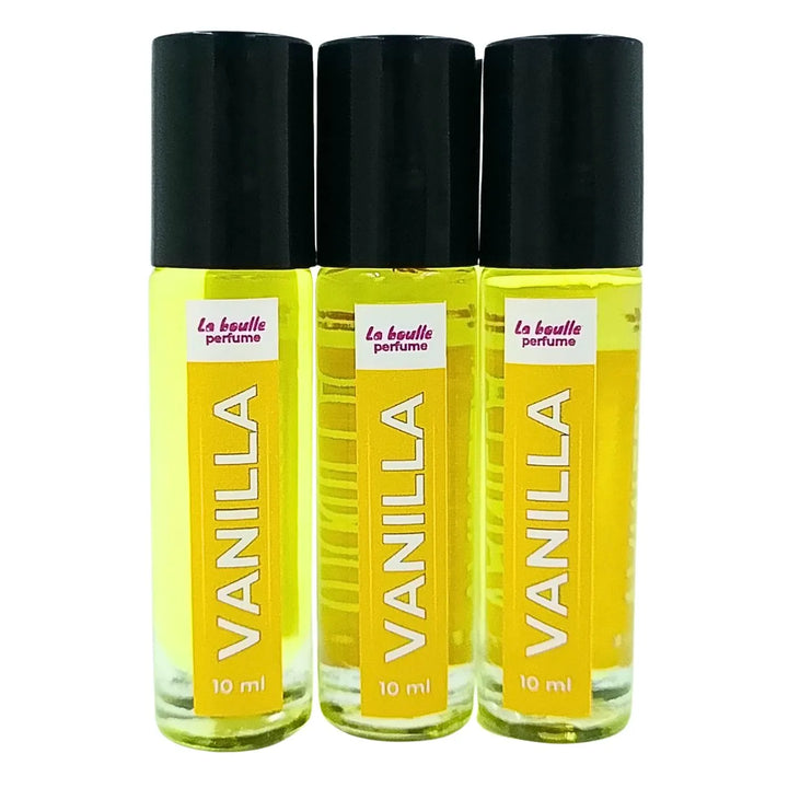 Vanilla roll-on perfume bottles La Boulle with black caps on a white background